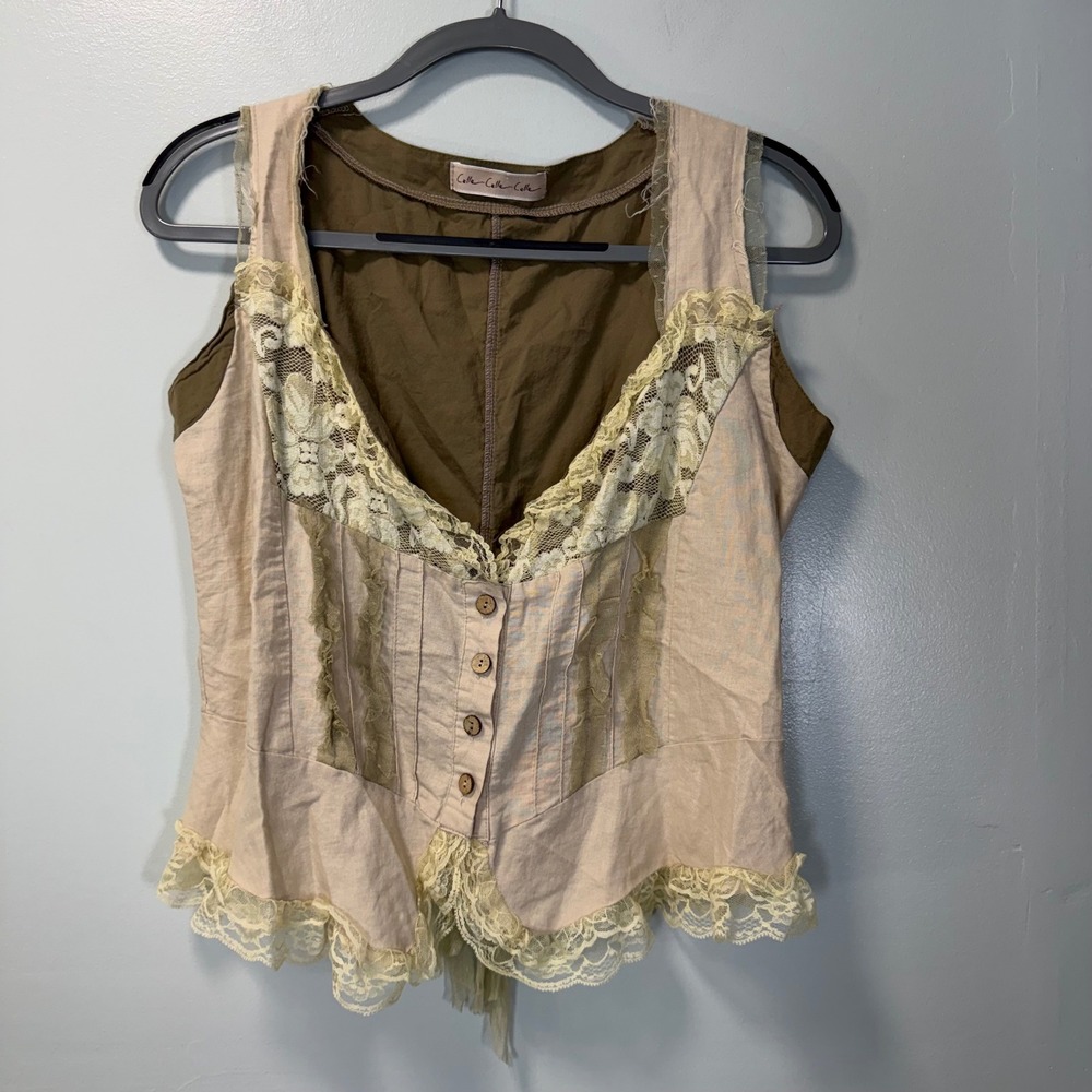 Celle Celle Celle Womens Corset Style Lace Trim Vest Top Tan Green L Fairycore